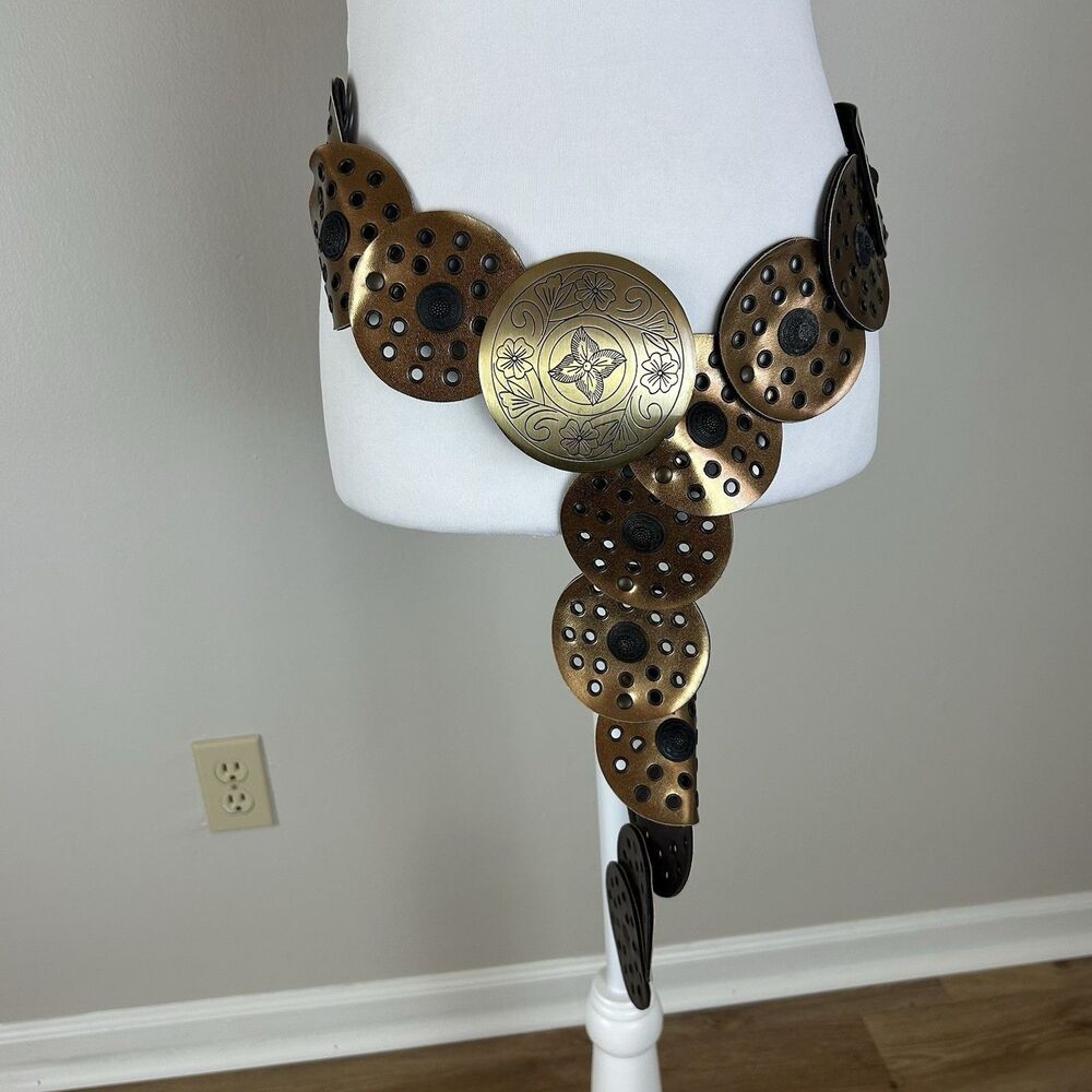 Women's Boho Disc Belt Cowboy Wide Western Concho Leather Brass Shiny Brown